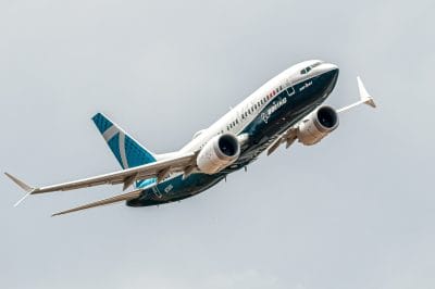 Boeing 737-7 MAX displaying at the Farnborough International Airshow in July 2018.